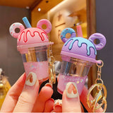 Mickey Head Keychain Donut Milk Tea Cup Quicksand Keyring