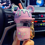 Mouse Head Acrylic Key Chain Liquid Floating Milk Tea Cup Keyring