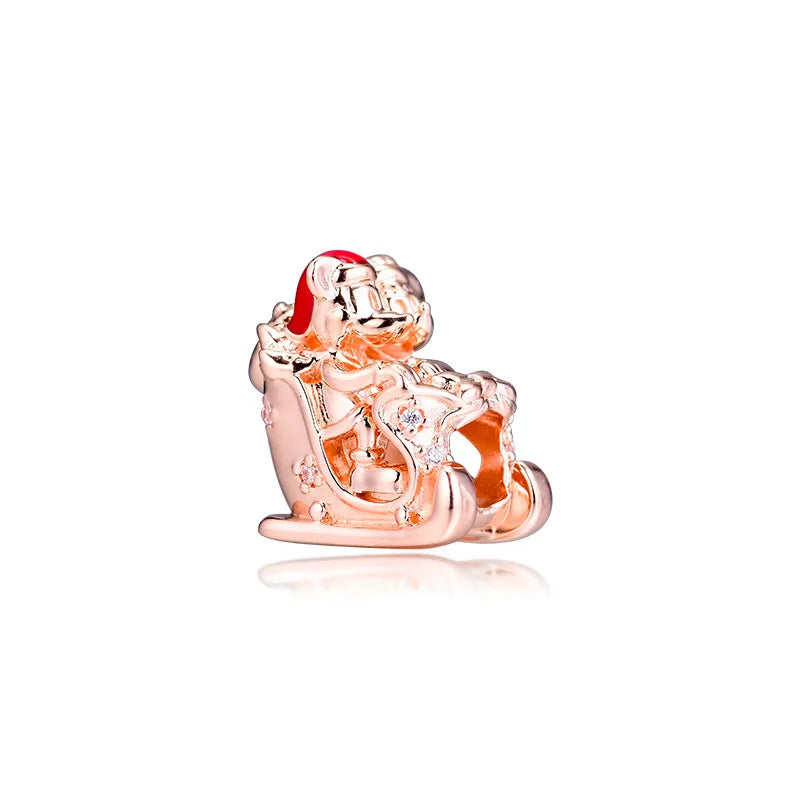 Red Enamel Christmas Sleigh Charm Bead for Bracelets