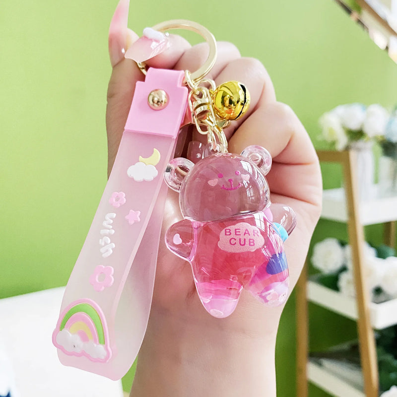Oily Bear Floating Liquid Keychain Acrylic Lanyard Keyring Bag Pendant Gift