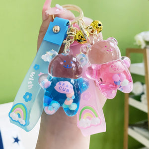 Oily Bear Floating Liquid Keychain Acrylic Lanyard Keyring Bag Pendant Gift