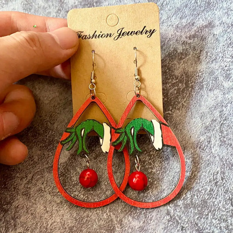 Wooden Santa Christmas Tree Holiday Earrings
