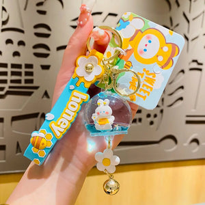 Cartoon Wind Bells Bee Keyring Floating Liquid Quicksand Honey Jar Flower Bunny