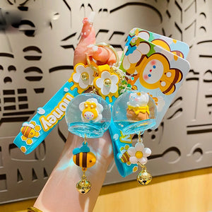 Cartoon Wind Bells Bee Keyring Floating Liquid Quicksand Honey Jar Flower Bunny