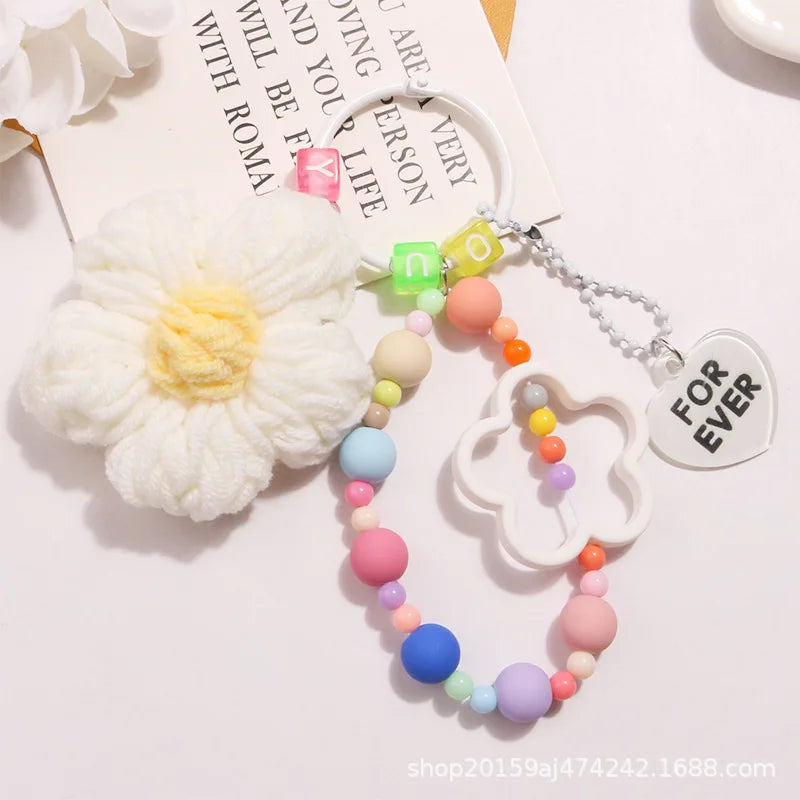 Wool Flowers Key Chain Beaded Lanyard Bracelet Women Girl Pendant
