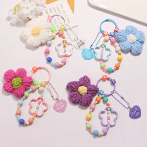 Wool Flowers Key Chain Beaded Lanyard Bracelet Women Girl Pendant