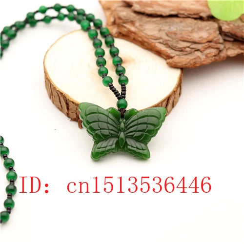 Butterfly Jade Pendant Necklace Chinese Green Beads Jadeite Charm