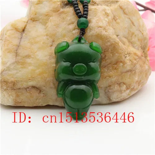 Carved Pig Jade Pendant Green Beads Necklace Charm Jewellery