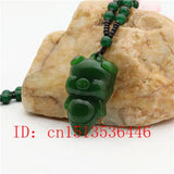 Carved Pig Jade Pendant Green Beads Necklace Charm Jewellery
