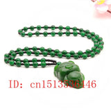 Carved Pig Jade Pendant Green Beads Necklace Charm Jewellery