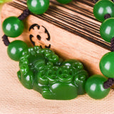 Green Jade 12mm Bead Pixiu Bracelet Chinese Lucky Amulet