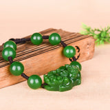 Green Jade 12mm Bead Pixiu Bracelet Chinese Lucky Amulet