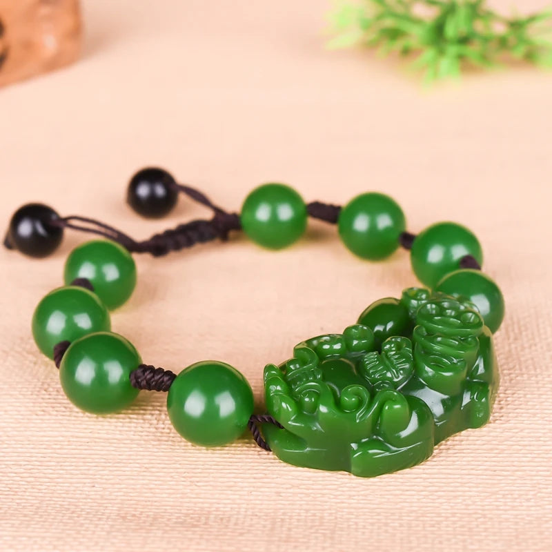 Green Jade 12mm Bead Pixiu Bracelet Chinese Lucky Amulet