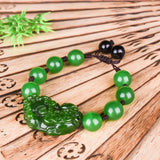 Green Jade 12mm Bead Pixiu Bracelet Chinese Lucky Amulet