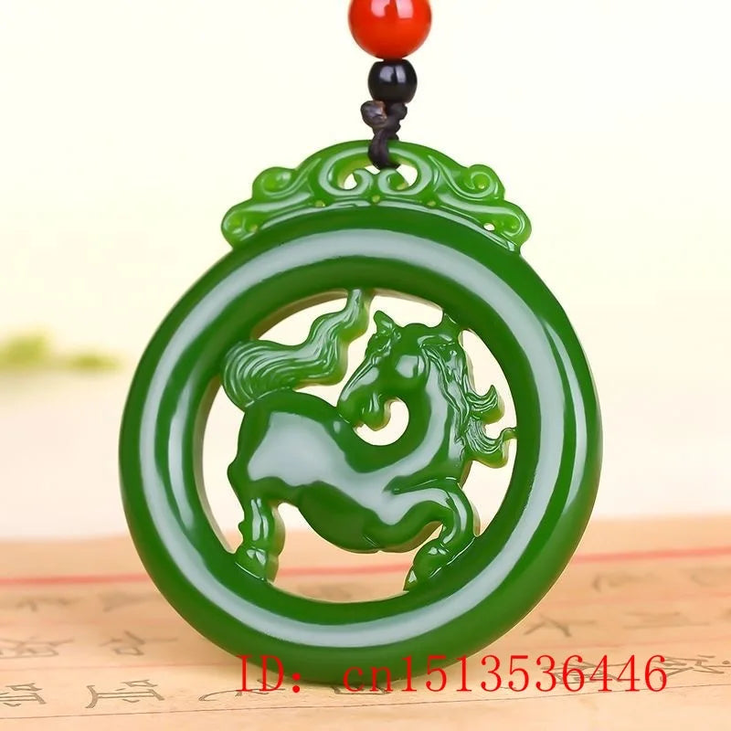Green Jade Horse Pendant Necklace Charm Jadeite Jewellery Lucky Amulet