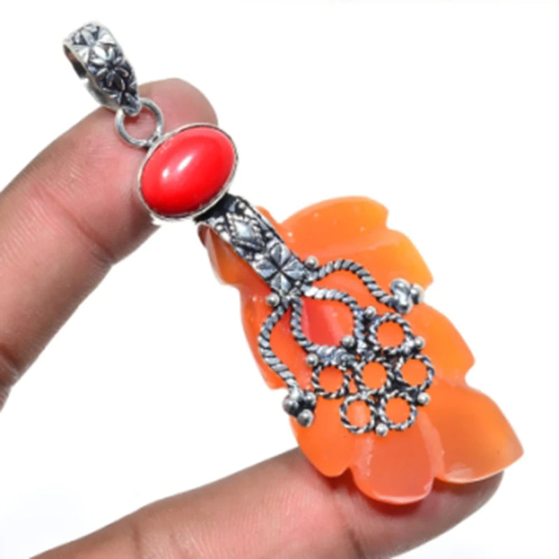 Carved-Leaf, Coral Pendant Silver Overlay over Copper, 80mm