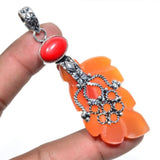 Carved-Leaf, Coral Pendant Silver Overlay over Copper, 80mm