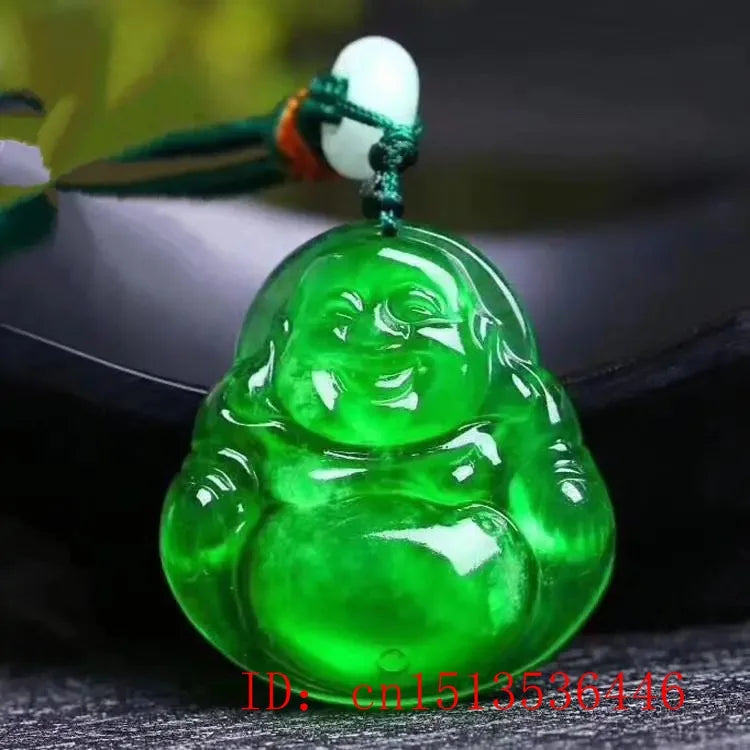 Green Jadeite Maitreya Buddha Pendant Laughing Necklace Amulet
