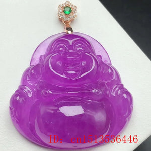Carved Maitreya Guanyin Jade Pendant Chinese Violet Jadeite Necklace