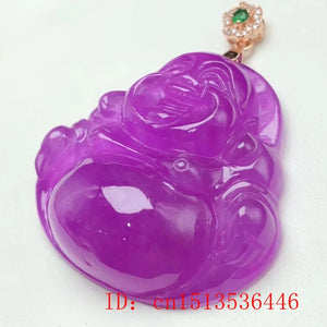 Carved Maitreya Guanyin Jade Pendant Chinese Violet Jadeite Necklace