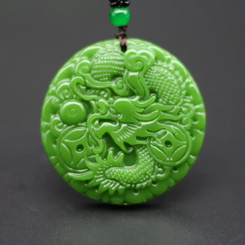 Carved Money Dragon Green Jade Pendant Necklace Chinese Charm Jewelry