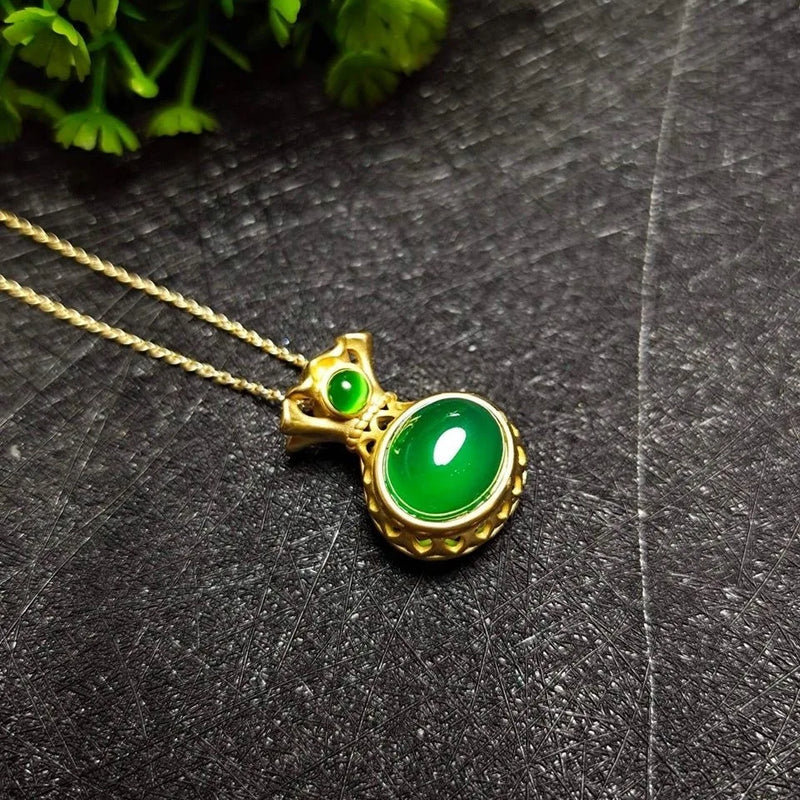 Carved Green Jade Blessing Bag Pendant Love Necklace Charm Jadeite Jewelry