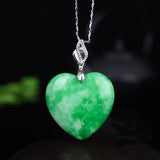 Green Jade Heart Pendant Chinese Love Necklace Charm Jadeite Lucky Amulet