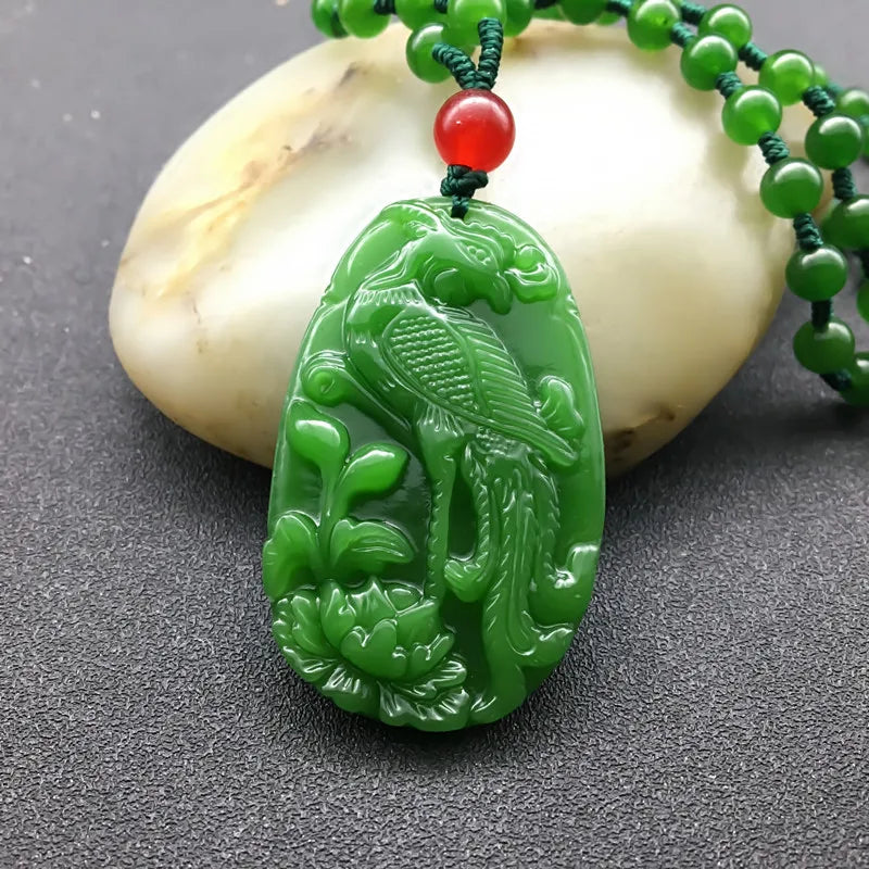 Peacock Jade Pendant Chinese Green Beads Necklace Charm Jadeite Jewellery