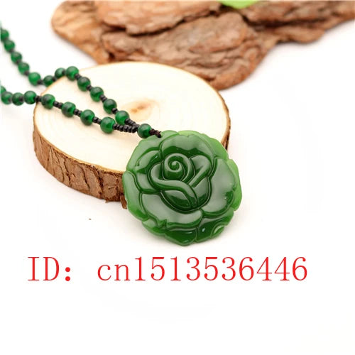 Carved Rose Jade Pendant Necklace Chinese Green Beads Jadeite Amulet