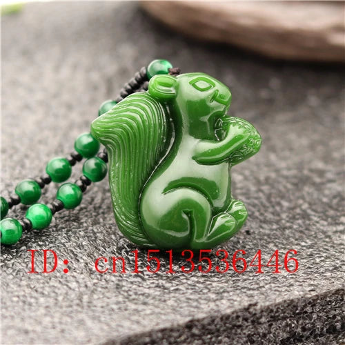 Carved Squirrel Jade Pendant Chinese Green Beads Necklace Charm Jadeite