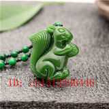 Carved Squirrel Jade Pendant Chinese Green Beads Necklace Charm Jadeite