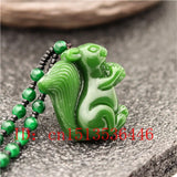 Carved Squirrel Jade Pendant Chinese Green Beads Necklace Charm Jadeite
