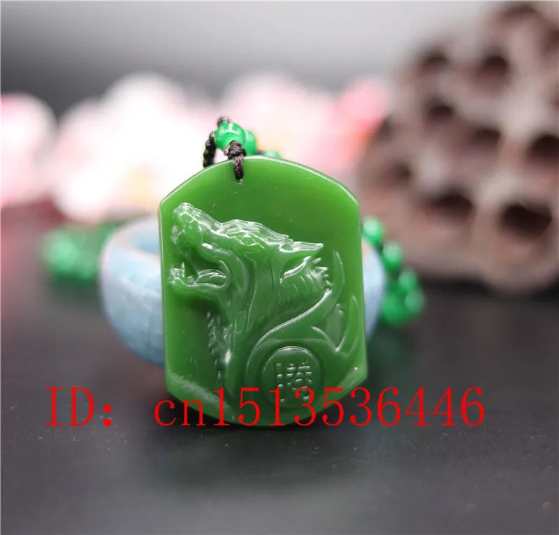 Carved Wolf Jade Pendant Natural Green Necklace Charm Jadeite Jewellery