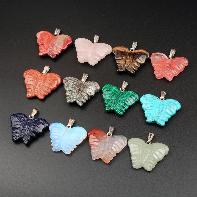 Butterfly Carving 6PCS Natural Stone Pendants Reiki Healing Necklaces