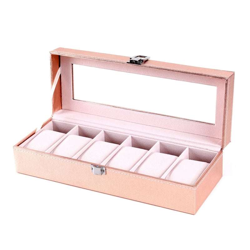 Pink Pu Leather 6 Grids Women's Wrist Watch Storage Box