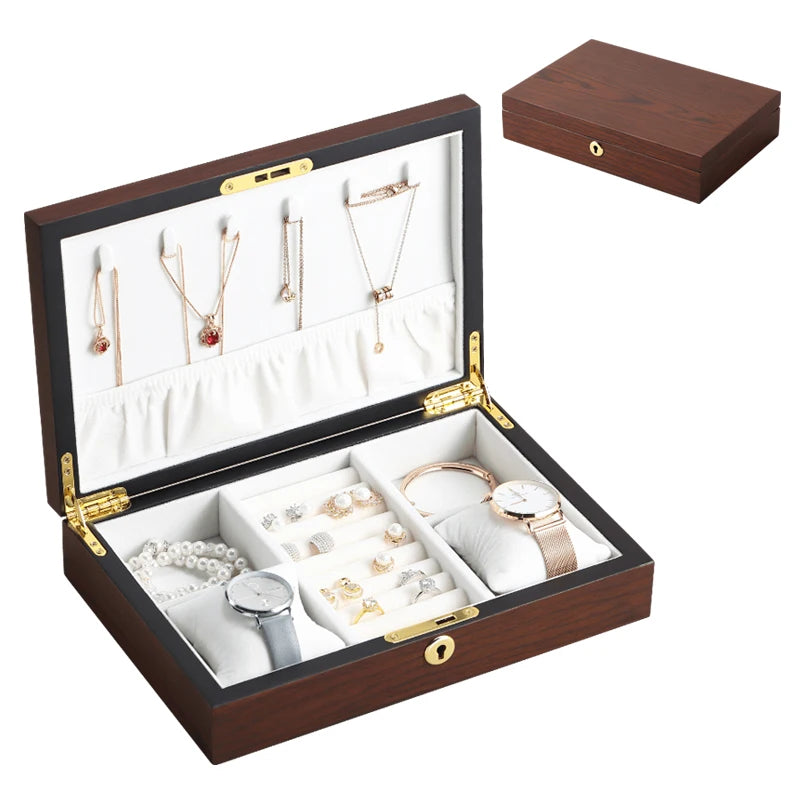 Large Wooden Jewelry Box Display Organizer Necklace Ring Earring Watch Storage
