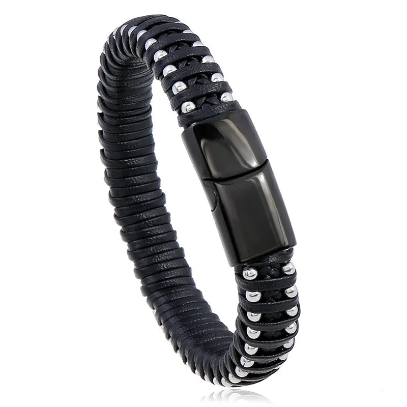 Casual PU Leather Woven Men Bracelets Stainless Steel Magnet Clasp