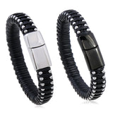 Casual PU Leather Woven Men Bracelets Stainless Steel Magnet Clasp