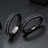 Casual PU Leather Woven Men Bracelets Stainless Steel Magnet Clasp