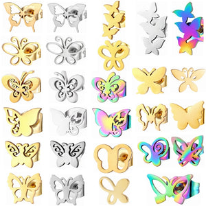 Butterfly Earrings 12 Pairs Pack Stainless Steel Stud Set