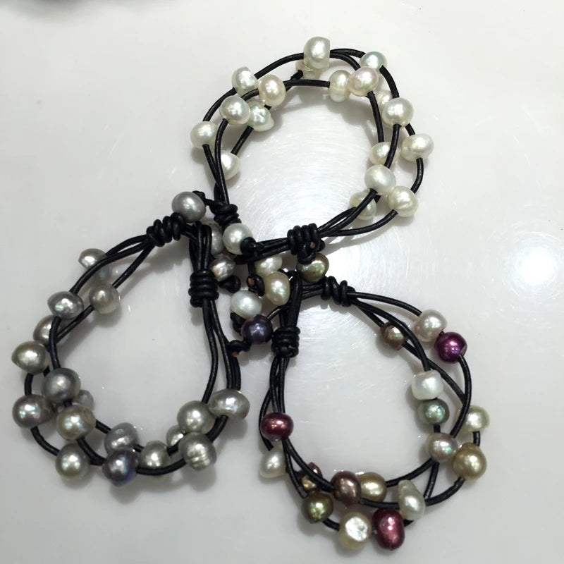 Casual Baroque Pearl Bracelet Leather 10MM