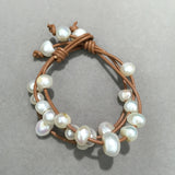 Sporty Baroque Pearl Bracelet on Brown Leather - Women's Jewelry