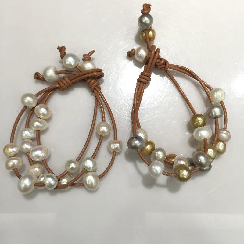 Sporty Baroque Pearl Bracelet on Brown Leather - Women's Jewelry