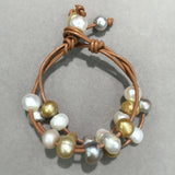 Sporty Baroque Pearl Bracelet on Brown Leather - Women's Jewelry