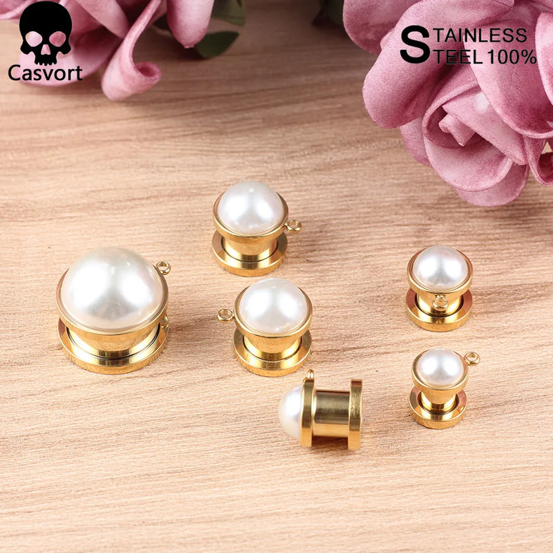 2 PCS Stainless Steel Wedding Pearl Ear Plugs Body Piercing Jewelry