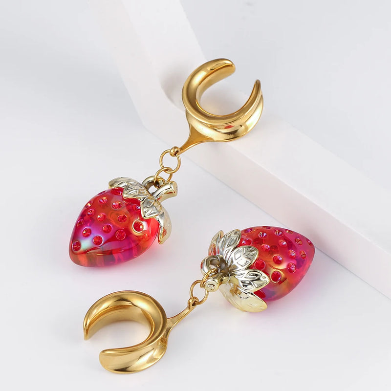 2PCS Strawberry Saddle Tunnels Ear Weights 316 Stainless Steel Piercing Women