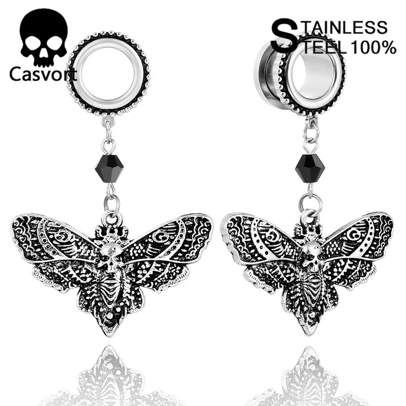 Stainless Steel Skull Moth Dangles Ear Piercing Tunnels Plugs Hangers