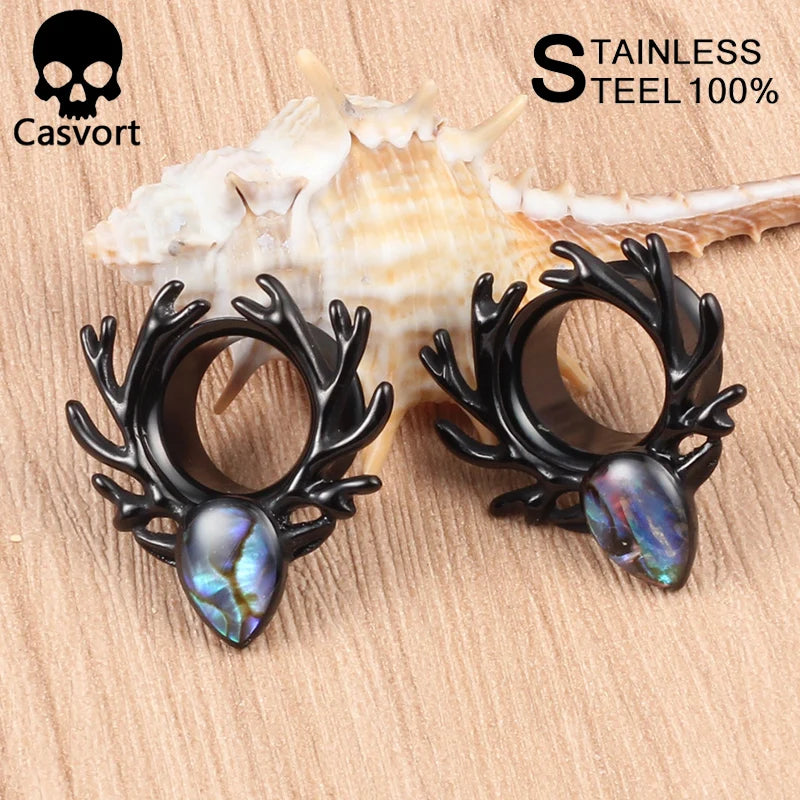2PCS Deer Logo Ear Plugs Colorful Shell Stainless Steel Ear Tunnels Silver