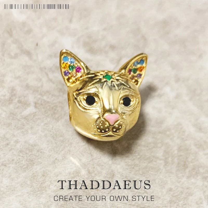 Cat Golden Beads, 925 Sterling Silver Power Animal Jewelry Gift