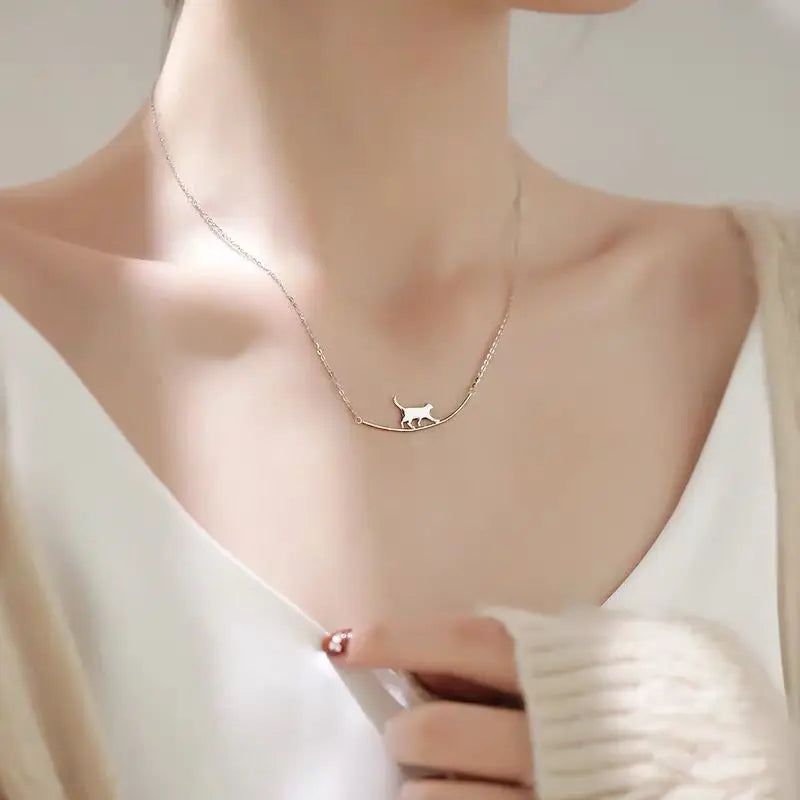 Cat Curved Necklace 925 Silver Student Clavicle Chain